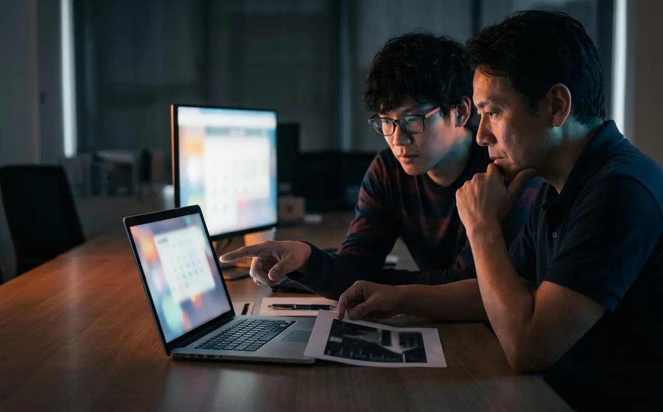 中小企業の管理者と開発者がシフト表の画面を見ながら打ち合わせする写真