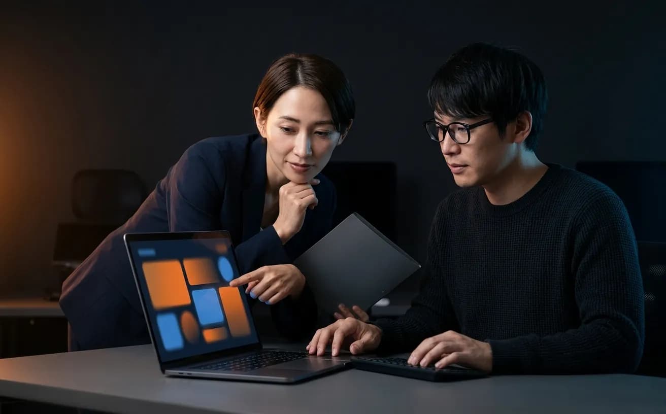 社内業務システムの設計内容を確認する担当者たちの写真