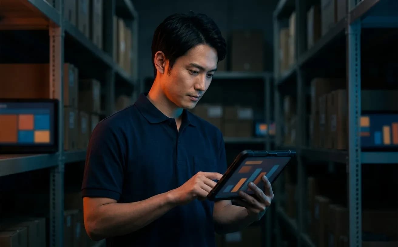 倉庫でタブレットを使い在庫を確認するスタッフの写真